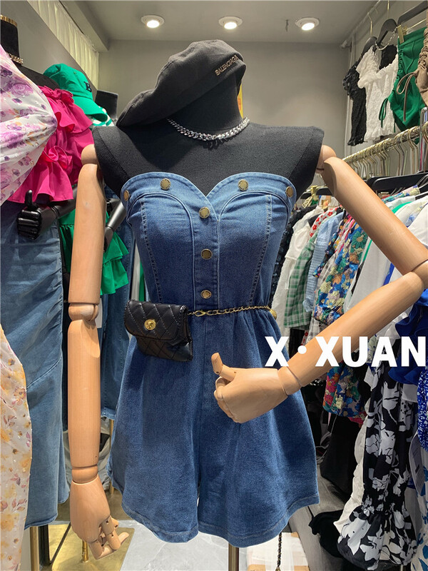 New in early summer! [x.xun] breasted denim Strapless Jumpsuit 6179# PCZ