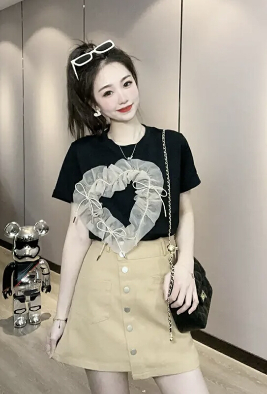 New in early summer! [JH] Xiaoxiang three-dimensional love floral short sleeved T-shirt + wash skirt suit 41440# PCZ