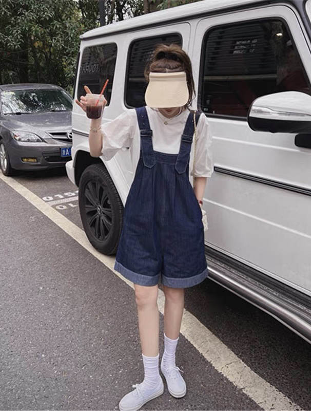 [JH] net red solid color round neck top + wash water cowboy suspender Shorts Set (only suit) 41684# PCZ