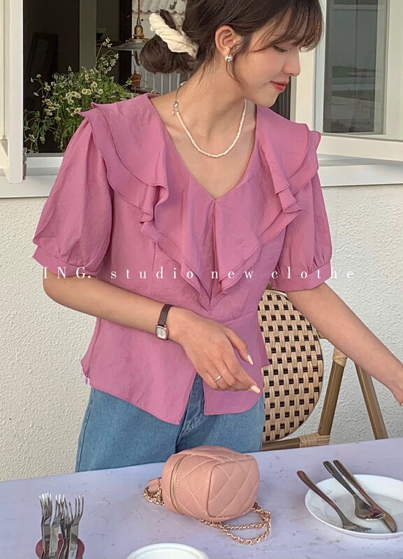 New in early summer! [ing] sweet and versatile design, double ruffled blouse 7708# HBx