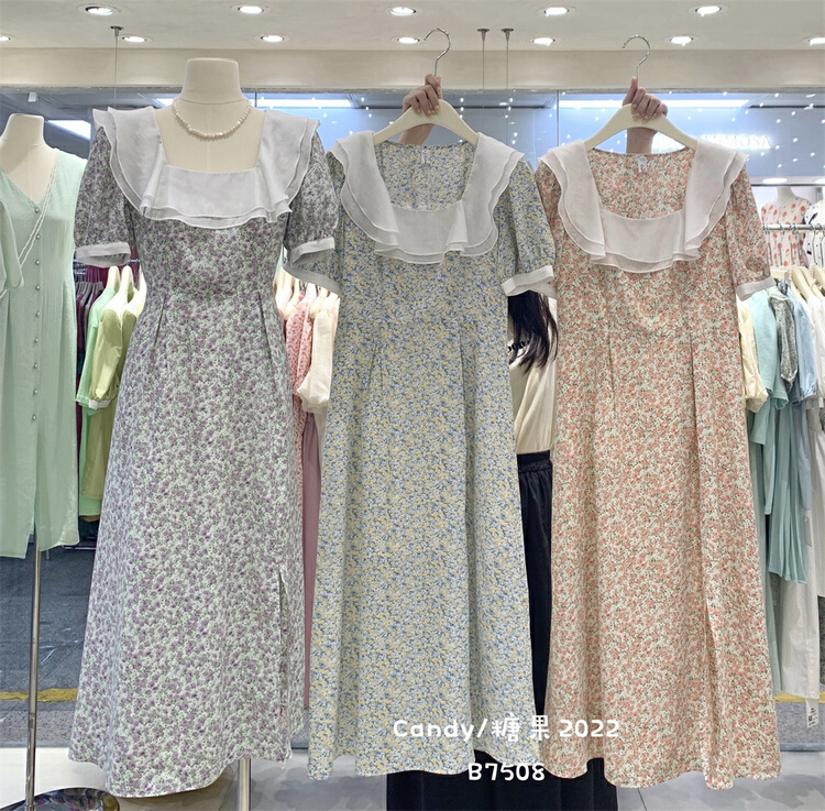 [candy] temperament square collar floral bubble sleeve dress ys1-7508# zjy