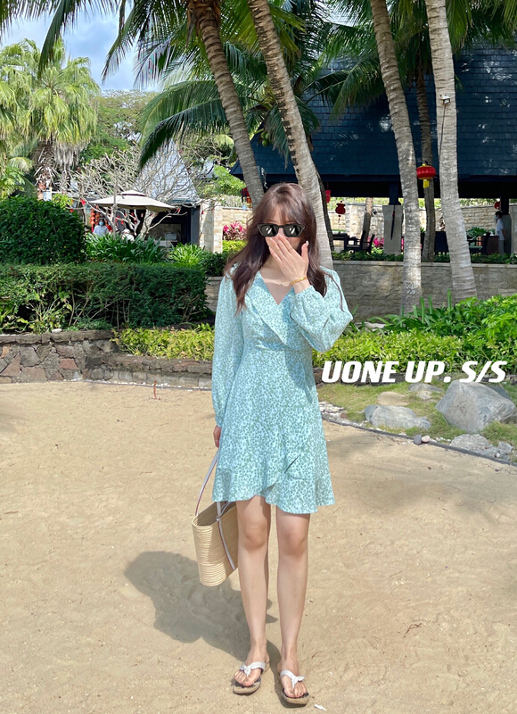 goods in stock! New year in early spring! [uone] elegant temperament, floral lotus leaf collar, slim waist, dress 98296# LSL