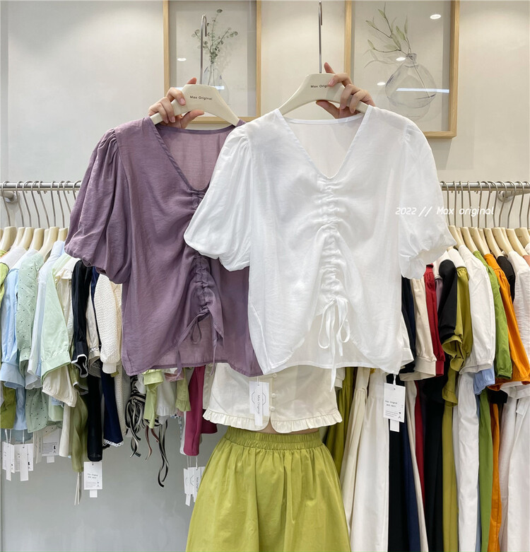 [Max original] simple V-neck pleated lace up blouse 98213# HBx