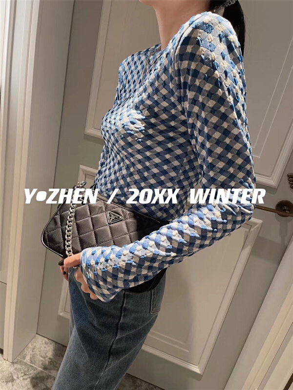 [LML] crew neck contrast short plaid bottoming shirt 25622# ozq