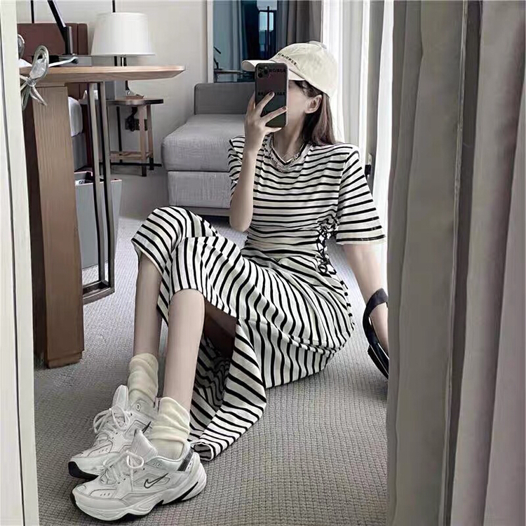 [fan fan] Korean temperament stripe split dress 5736# JJ