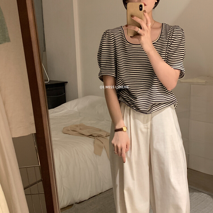 New in early summer! [Imiss] striped square neck bubble sleeve short sleeve T-shirt cx3325# LSW