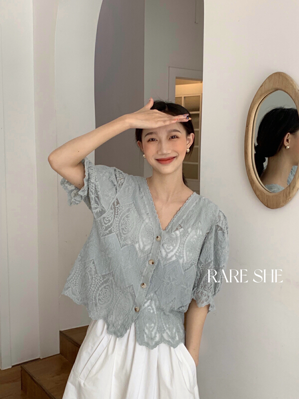 初夏上新!【RARE SHE】法式開扣蕾絲小衫  5190#  LSW