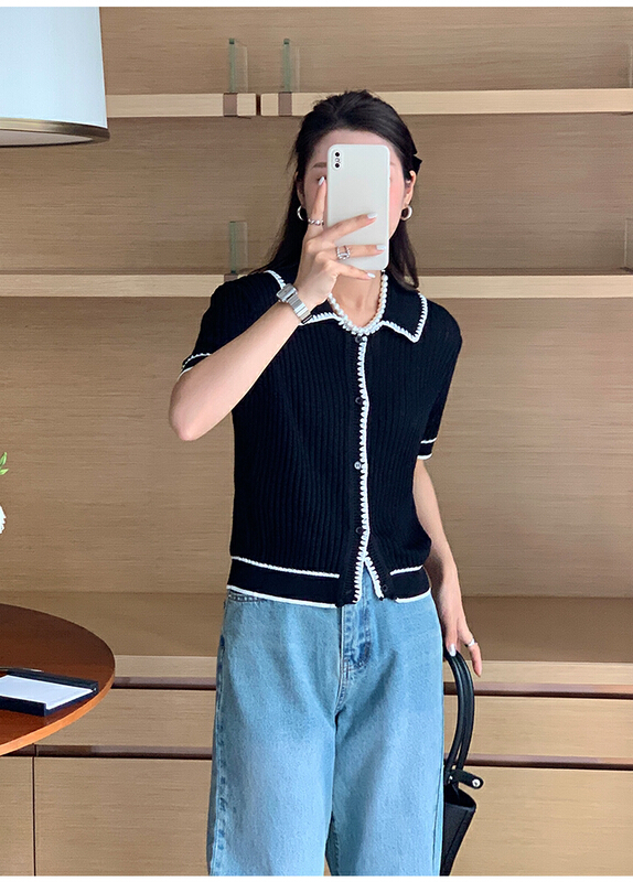 [the mind] Korean version of xiaoxiangfeng color contrast knit cardigan 71039# XYJ