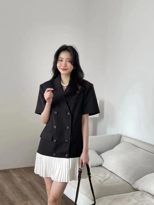New in early summer! [C oni] Korean temperament color matching double breasted suit short sleeve Pleated Dress c225-515922# lwy