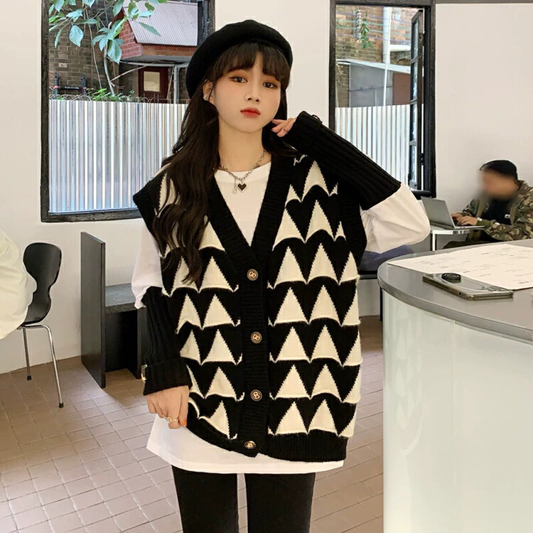 New year in early spring! [S.J] Korean print design Vest + spliced sweater long sleeve T-shirt two piece suit 9706# LJF