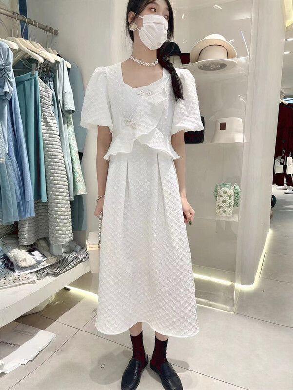 goods in stock! [buyer Yan xuan-wang6] temperament Ruffle waist closing bubble sleeve dress 3189# Cl