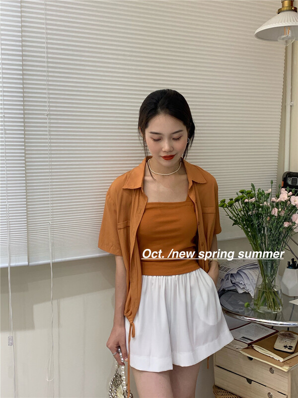 [OCT] simple and versatile solid color Vest + Korean Ladies solid color shirt set 1596# hjy