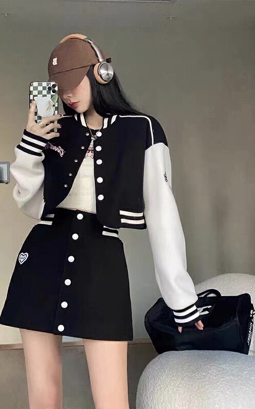 [mi ni] Korean ins style contrast color bomber jacket + same color skirt suit 2029# PCZ