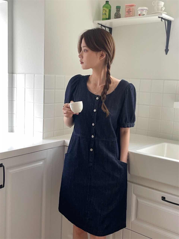 New in early summer! [acme group] Korean style bubble sleeve textured denim dress 1189# CLS