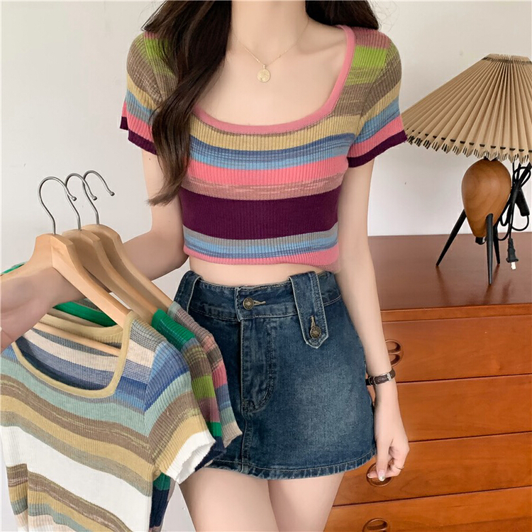 [f · P] Korean version square neck striped slim sweater (including 25% wool) k307# HBx