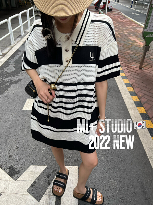[Mi +] Polo neck contrast loose knit 2112# ozq