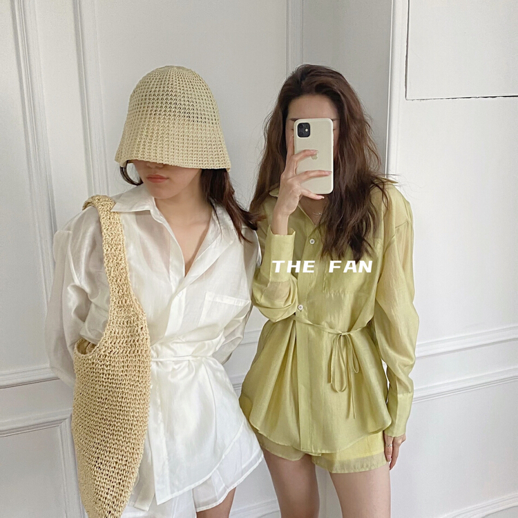 [the fan] solid color irregular shirt + slim and versatile solid color casual Shorts Set (with waist rope) 98156# zxx
