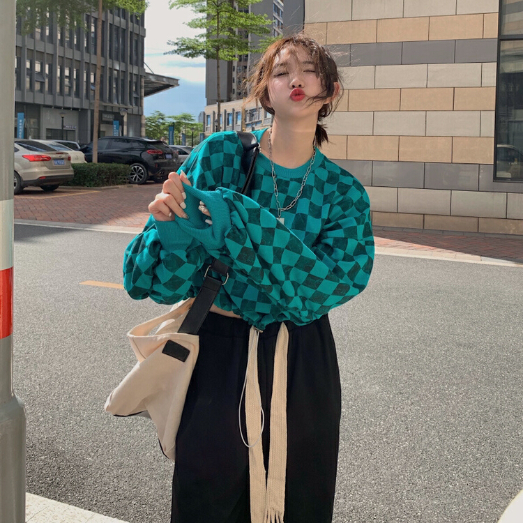 goods in stock! [timely rain] Han Feng ins leisure loose checkerboard loose versatile sweater 51023\jhy