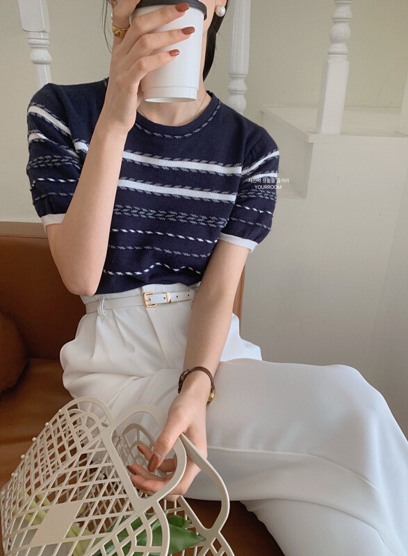 [your room] Korean stripe short sleeve sweater 10247# cqw