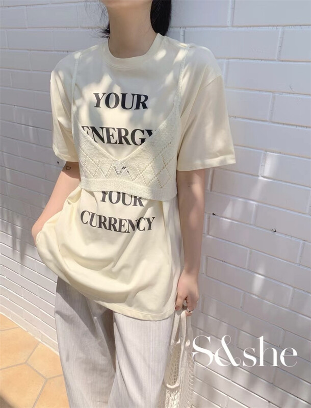 [she] versatile basic short solid color Vest + Korean loose round neck letter short sleeve suit 1192a# XJ