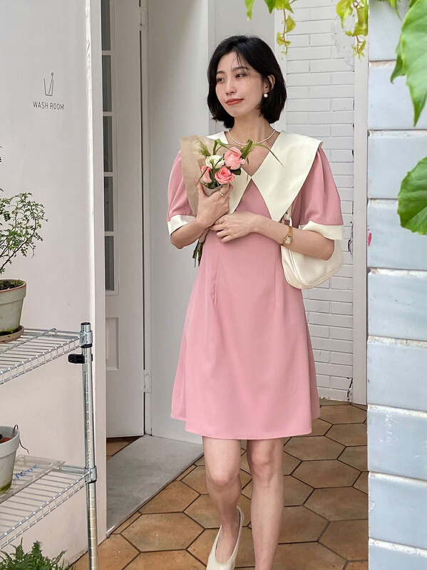 [secondtime] Korean color contrast doll neck dress 5217# XJ