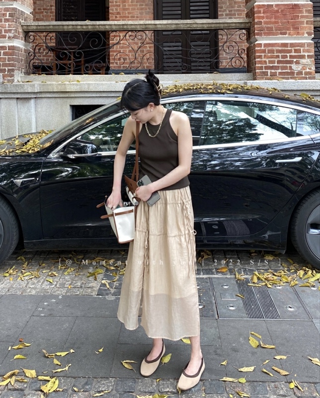 [moment with you] design sense drawstring lace up high waist mid length skirt t0075# LSW