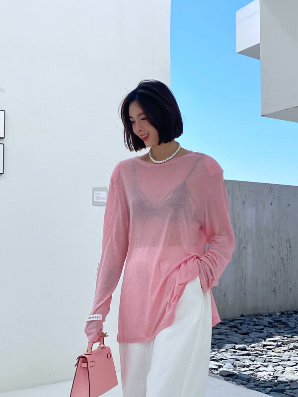 [Za] solid color split thin shoulder pad sunscreen bottom shirt 10519# LSL