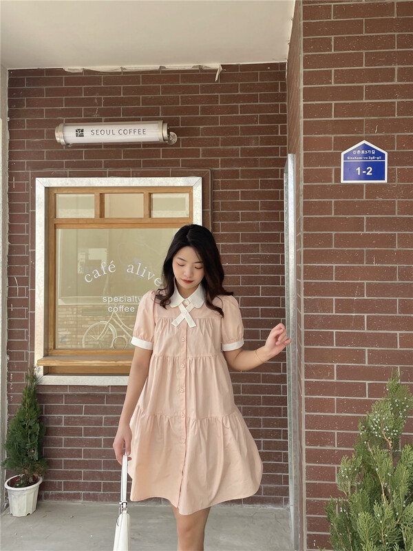 New in early summer! [woo woo shop] lady sweet doll collar single breasted waist closing dress 32849# WPL