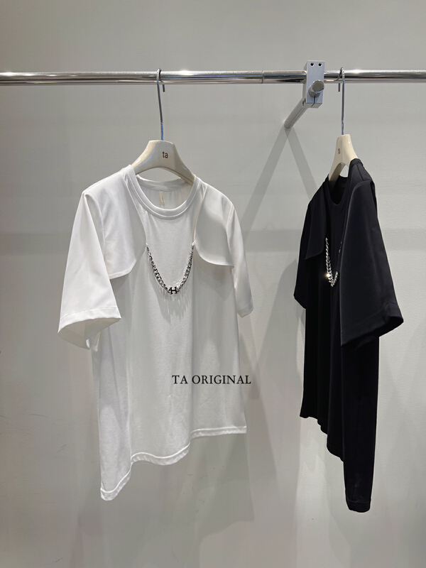 [TA] splicing design chain short sleeve T-shirt (detachable with chain) 10935# ll