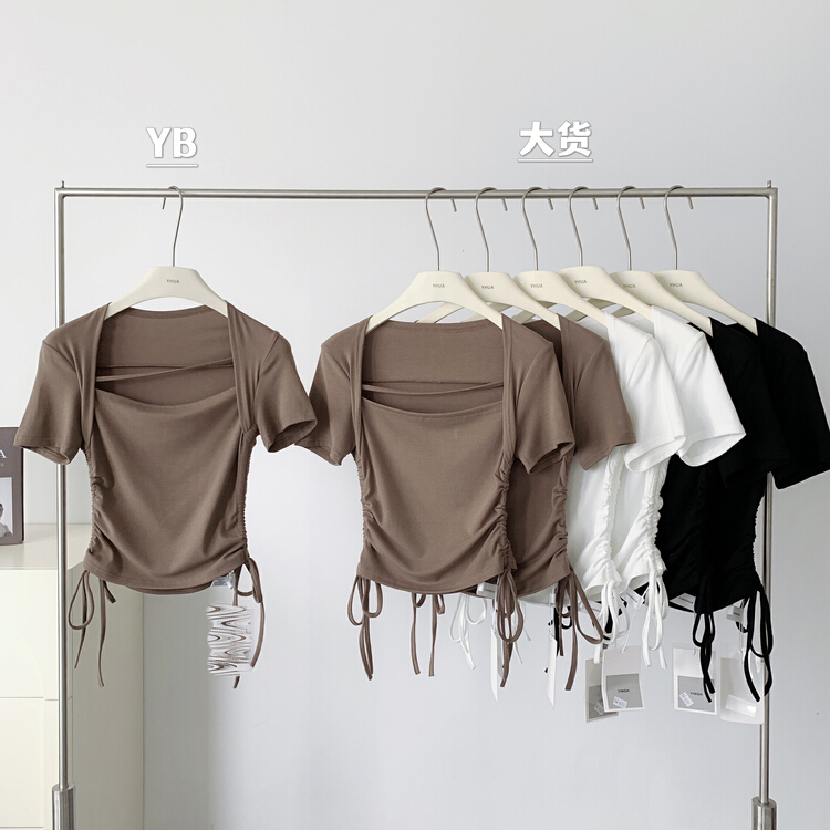 [kakajia] fashionable design, foreign style, square neck, drawstring, short sleeve blouse 2062# ozq