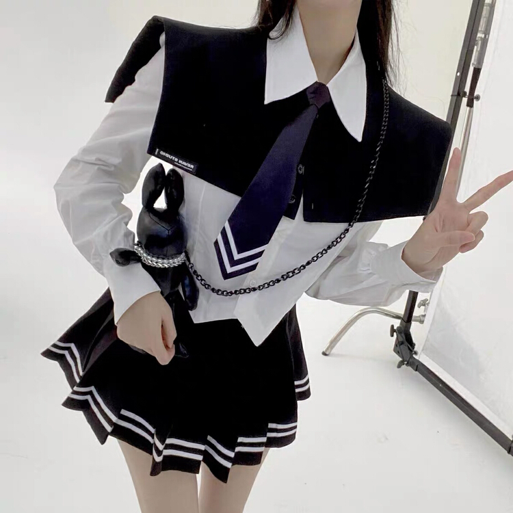 [RM. HH] letter shawl + waist closed single breasted shirt stripe skirt suit (with tie) 261# ozq