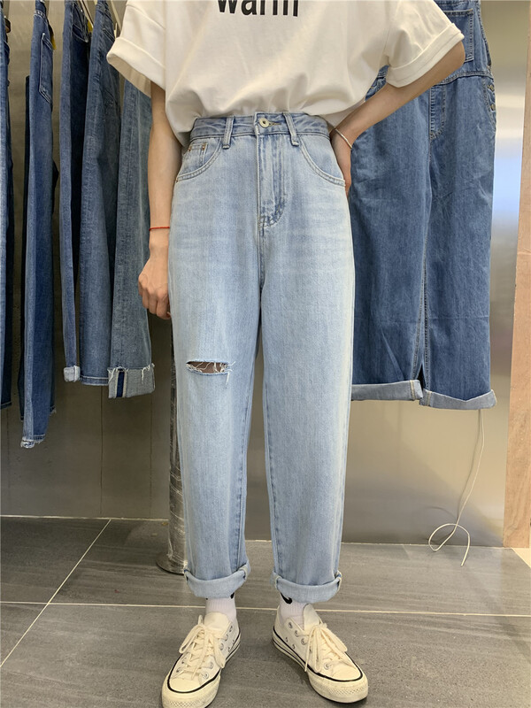[IEZ] vintage and versatile personalized pierced jeans (without belt) 76061# zyh