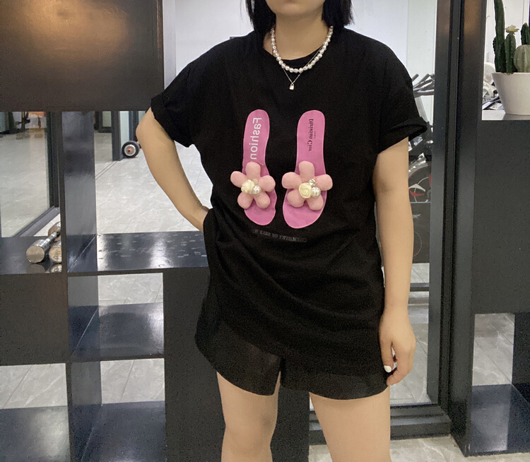 New in early summer! [Qijia +] Korean fashion flower round neck Pullover short sleeve T-shirt 7391# zyh