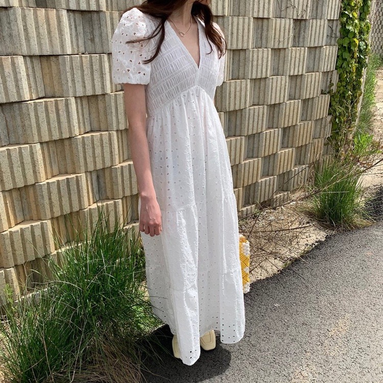 【N】 V-neck bubble sleeve Crochet Dress 0817# WTT