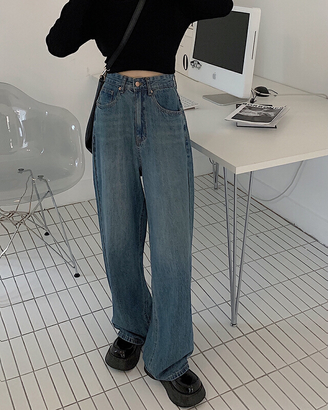 [timely rain] Han Feng ins retro straight tube high waist thin loose wide leg jeans 63557# lyx