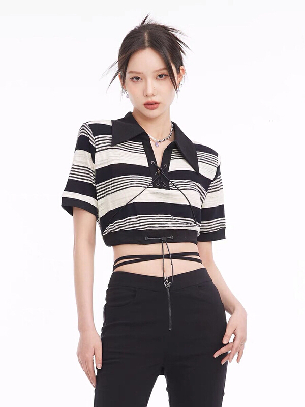 [colorfui] casual stripe short hot girl navel Polo 6390# cqw