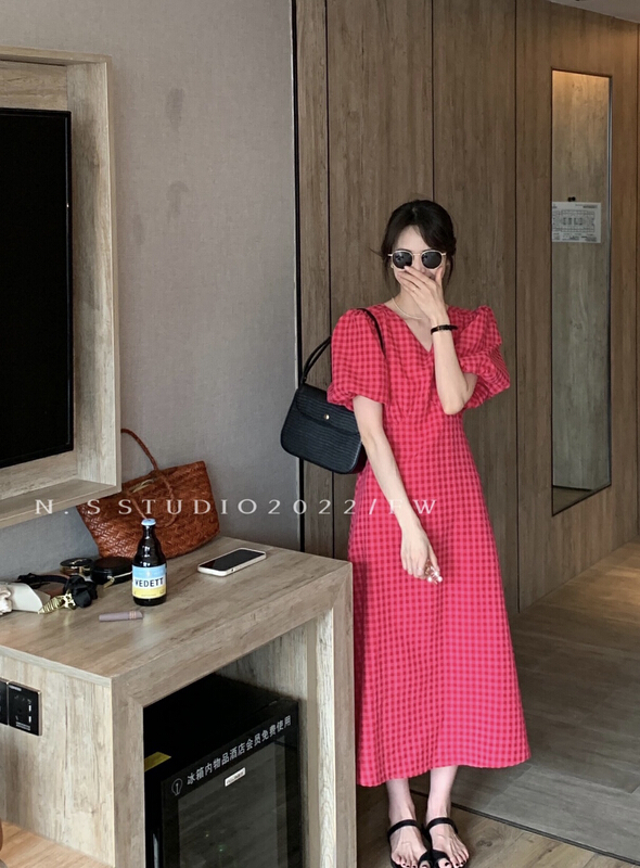 [N.S] Korean Style Bubble Sleeve Plaid pleated design V-neck dress 288# WPL