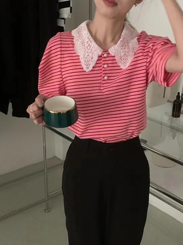 goods in stock! [hey Bella] stripe comfortable Korean Short Sleeve T-shirt 2857# ll
