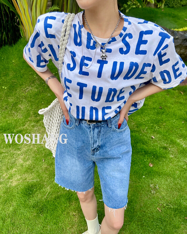 New in early summer! [woshang woshang] letter printed loose short sleeve T-shirt 1200# XYJ