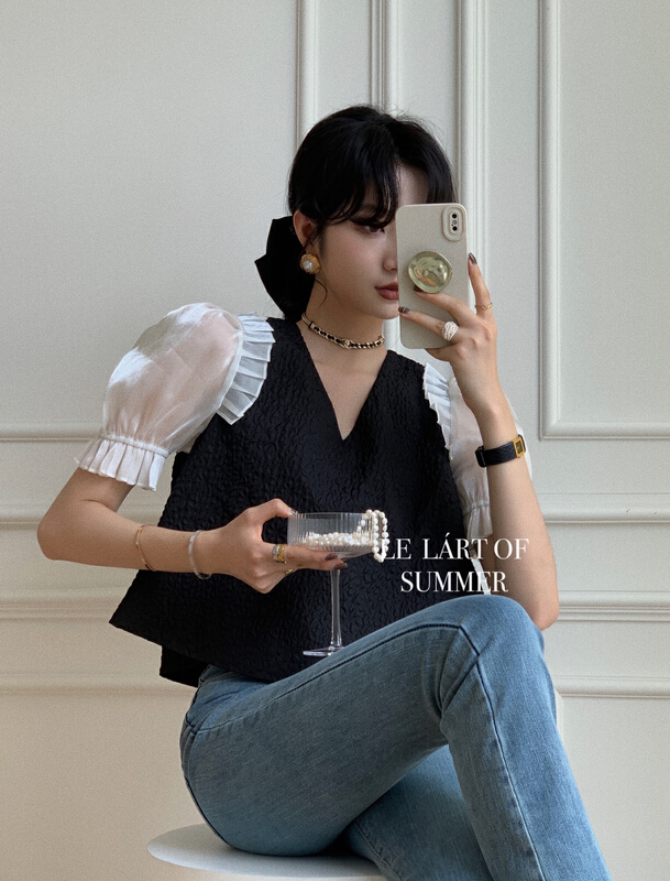 [le lart] high fashion French small fragrance V-neck shirt ll2632# XYJ