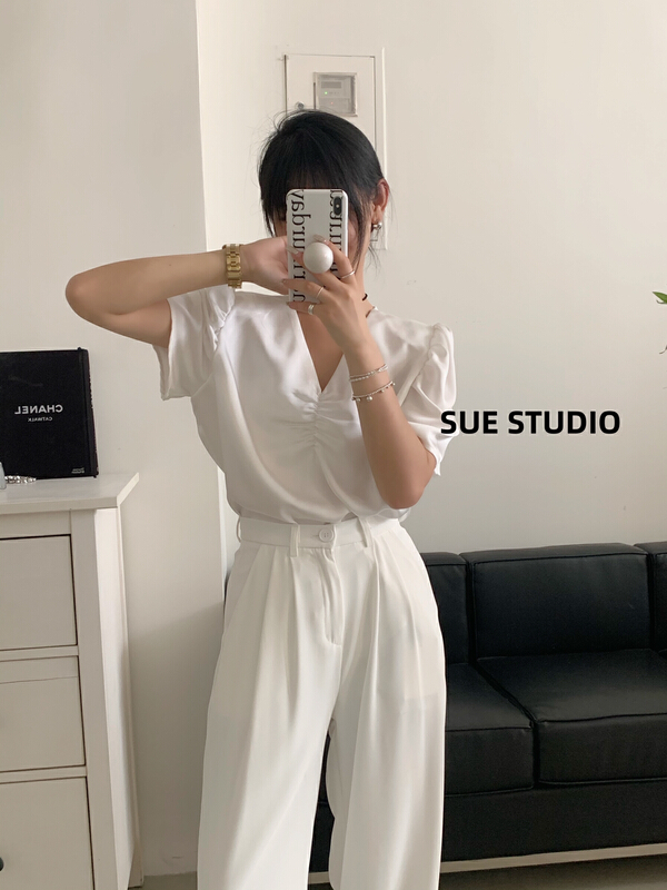 [Sue studio] V-neck shoulder pad fashion shirt 55523# ZSY
