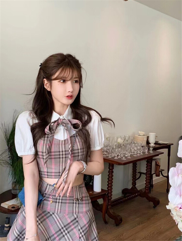 [Linna] Korean college wind leave two small shirts + checkered skirt suit 124608# zxx