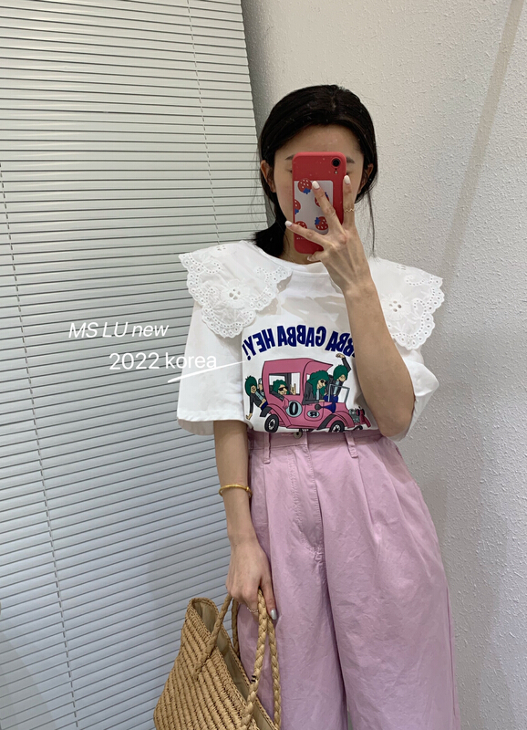 New year in early spring! [Xiaoxiaojia] cartoon craft lace collar short sleeve T-shirt 80208# WTT
