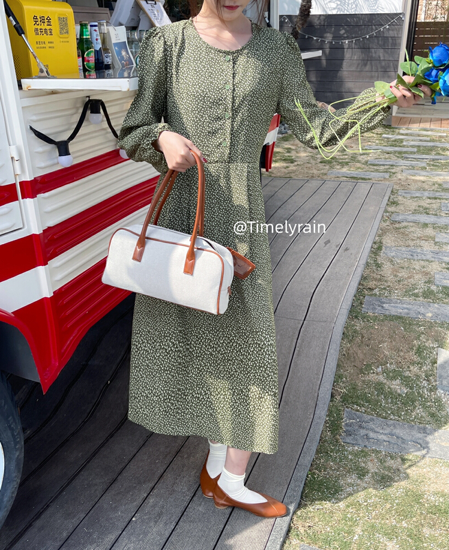 New year in early spring! [timely rain] Han Feng ins vintage green sweet broken flower waist loose and thin dress 02056# jhy