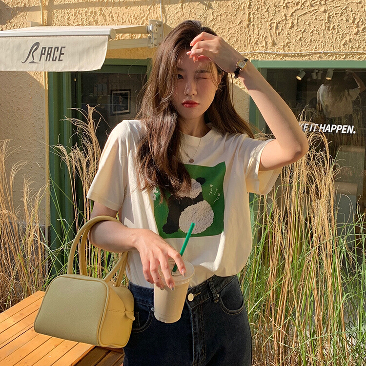 goods in stock! New in early summer! [timely rain] Han Feng ins age reducing commuter design sense cartoon pattern loose and versatile short sleeve T-shirt (excluding matching) 44511# WPL
