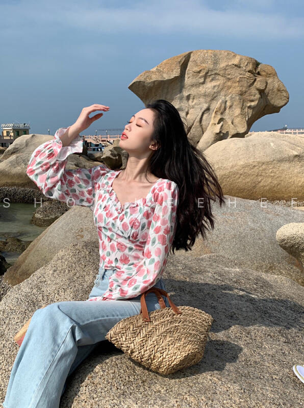 New year in early spring! [xiuxixi] sweet and exotic flower print versatile blouse 7987# zxx