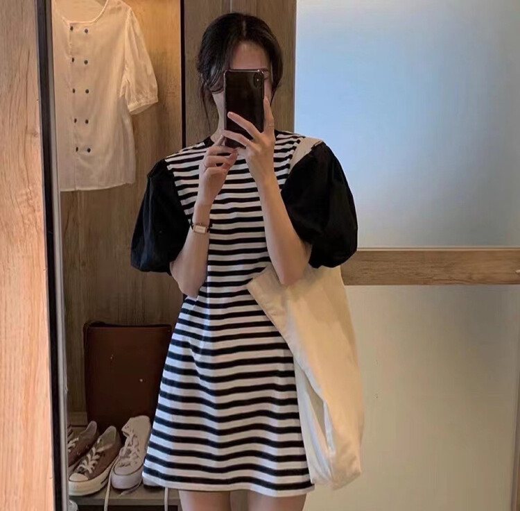 [h-xl] Korean round neck stripe dress 3517# XYY