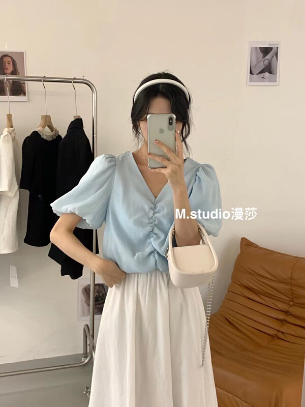 [MSTUDIO MANSA] Korean pleated bubble sleeve V-neck blouse 061# ll