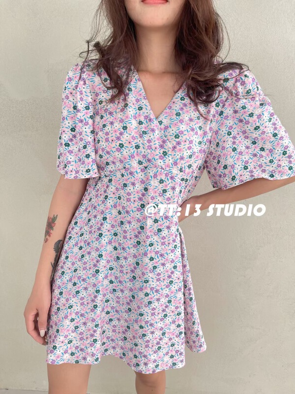 goods in stock! New in early summer! [TT: 13] little fresh temperament broken flower bubble sleeve dress s02134# CLS