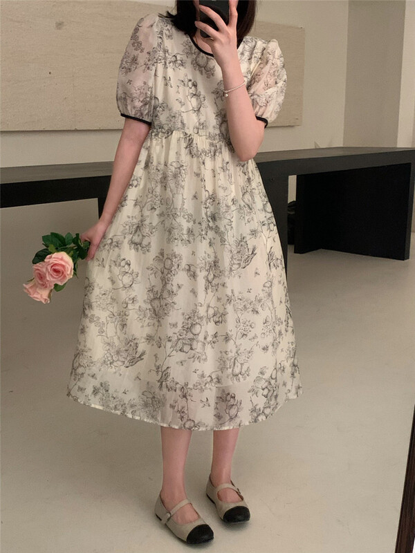 goods in stock! [more free] Korean round neck printed short sleeve dress 97179# lwy
